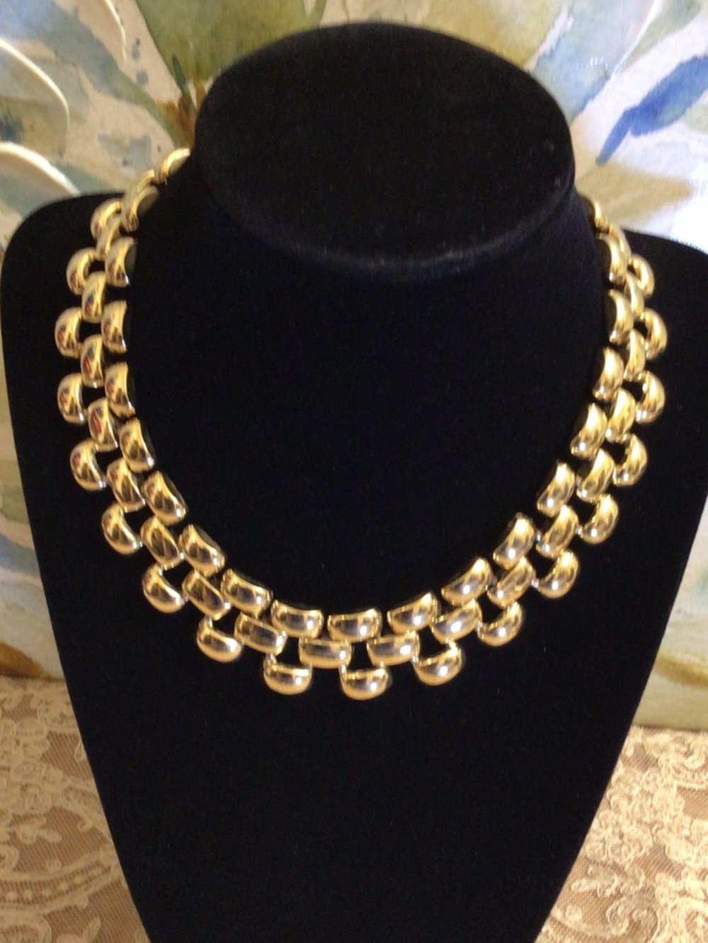 VTG 80s Stylish Chunky Gold-tone Collar Necklace Panther Link Pattern